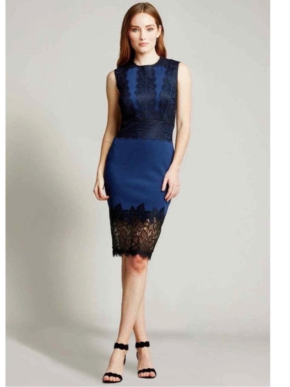 TADASHI SHOJI MIDNIGHT FERN NEOPRENE SHEATH DRESS WITH BLACK LACE SZ 10 NWOT